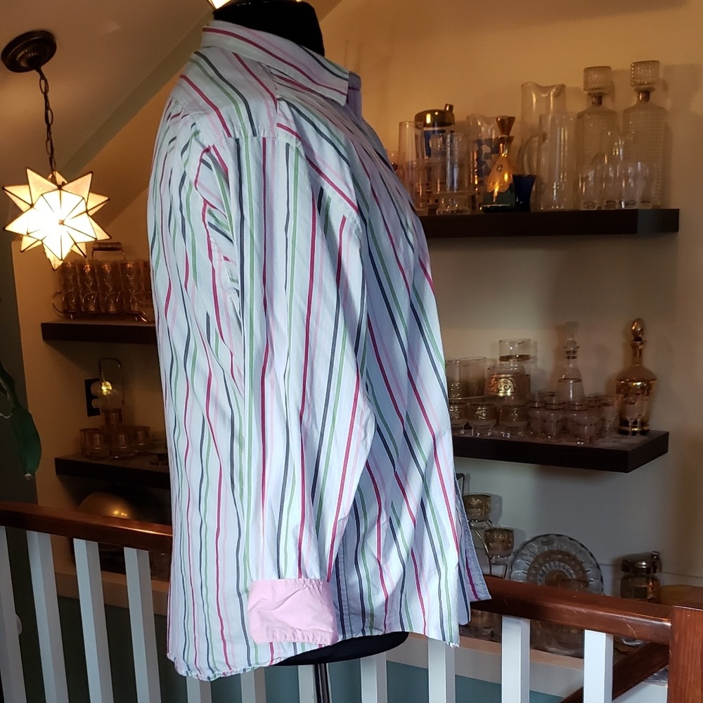 Merona Womens  Pink And Green Sriped Button Down Shirt